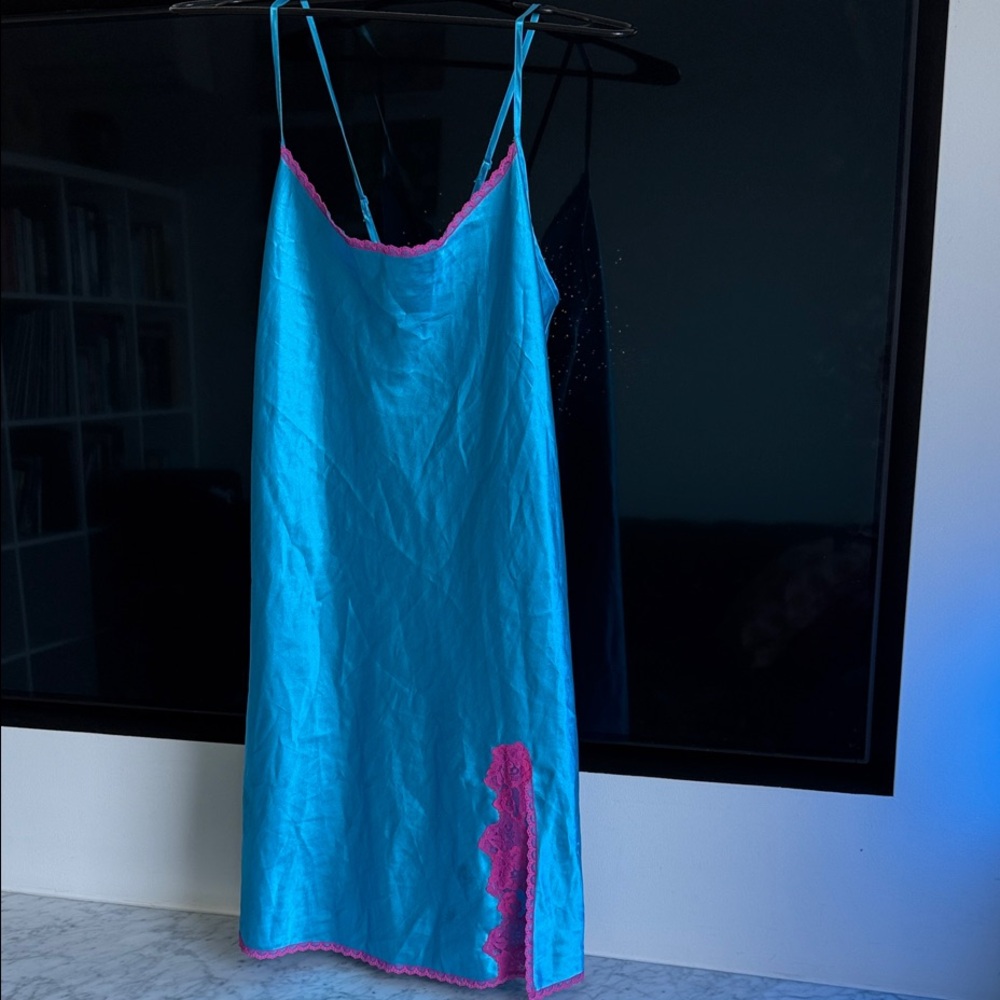 Blue Chemise with Pink Lace Trim